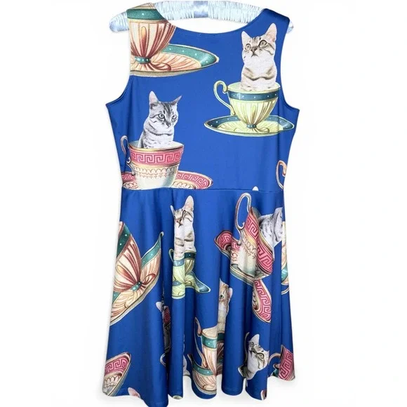 CowCow Womens XL Blue Cats in Teacups Skater Dress Sleeveless Fit Flare Novelty - Picture 2 of 7